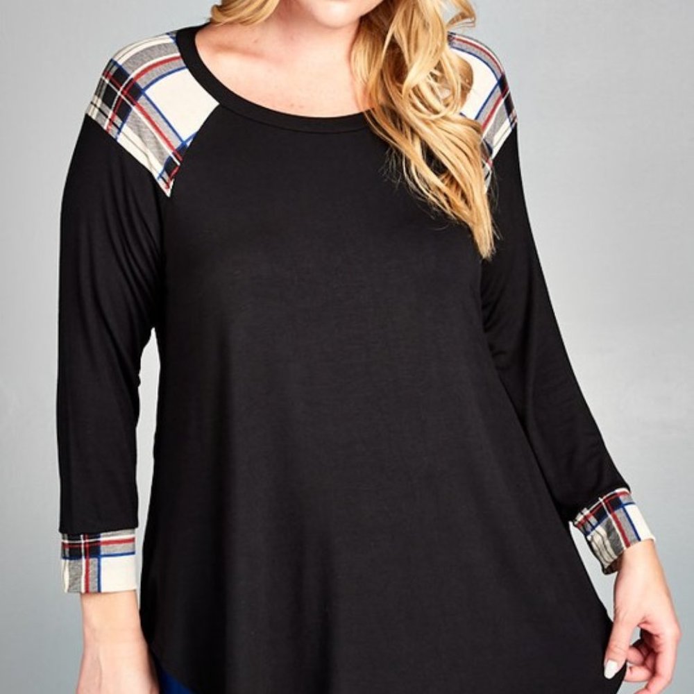 Black Plaid Accent Top Tunic Shirt Long Sleeve